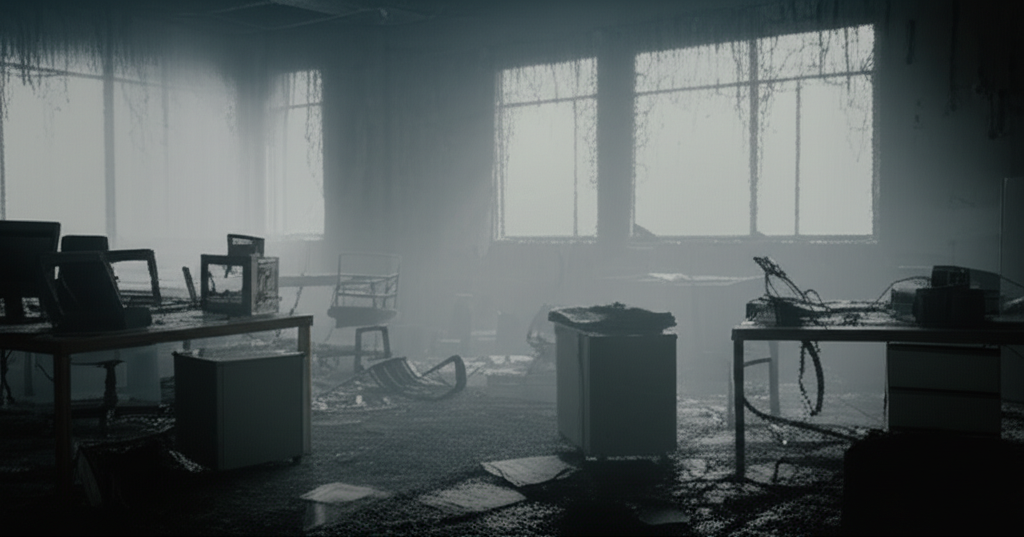 Burnt office background with smoke effects