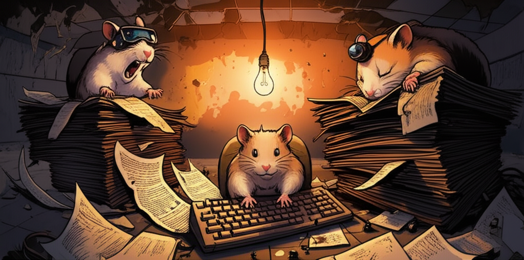 Three hamsters working in a burnt office with a single light bulb