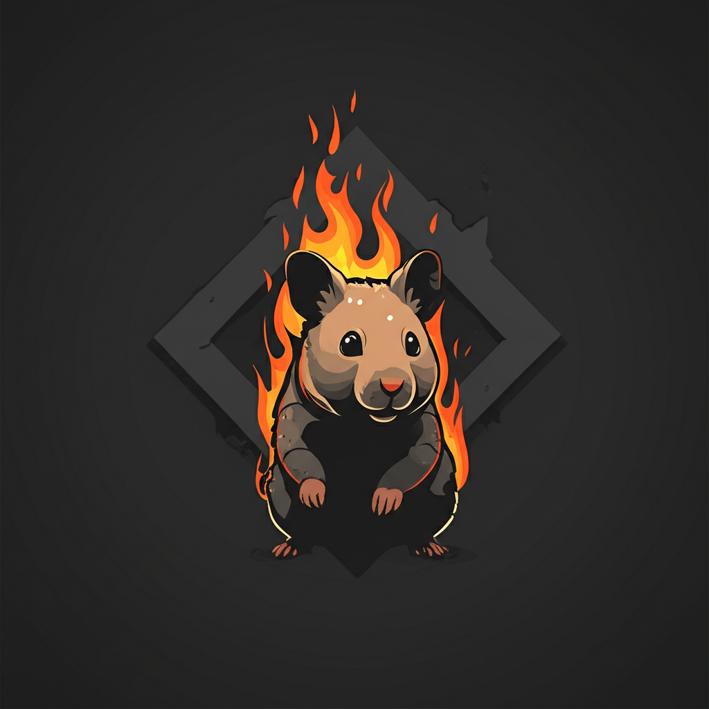Minimalist silhouette of a hamster with flame effect, burnt edges, cyberpunk style logo