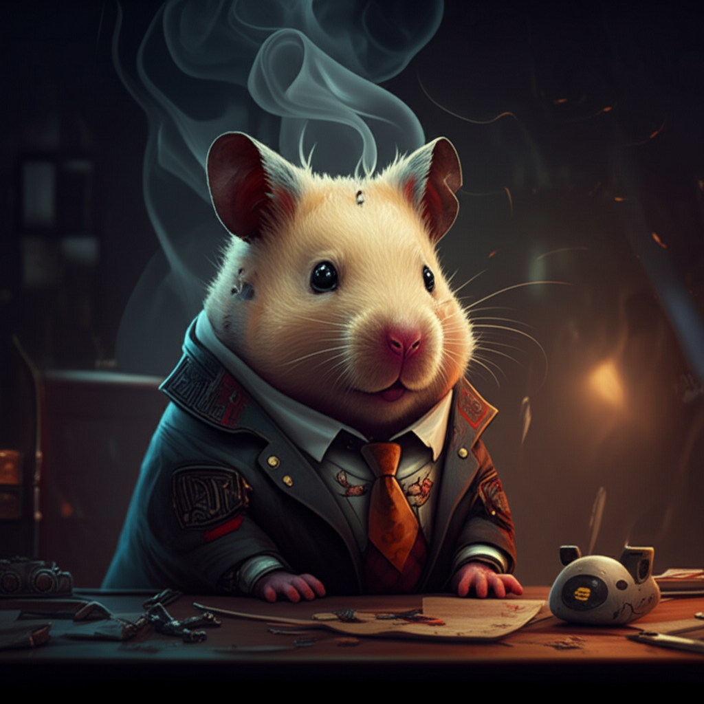 A golden hamster CEO in a burnt suit sitting at a desk with smoke rising