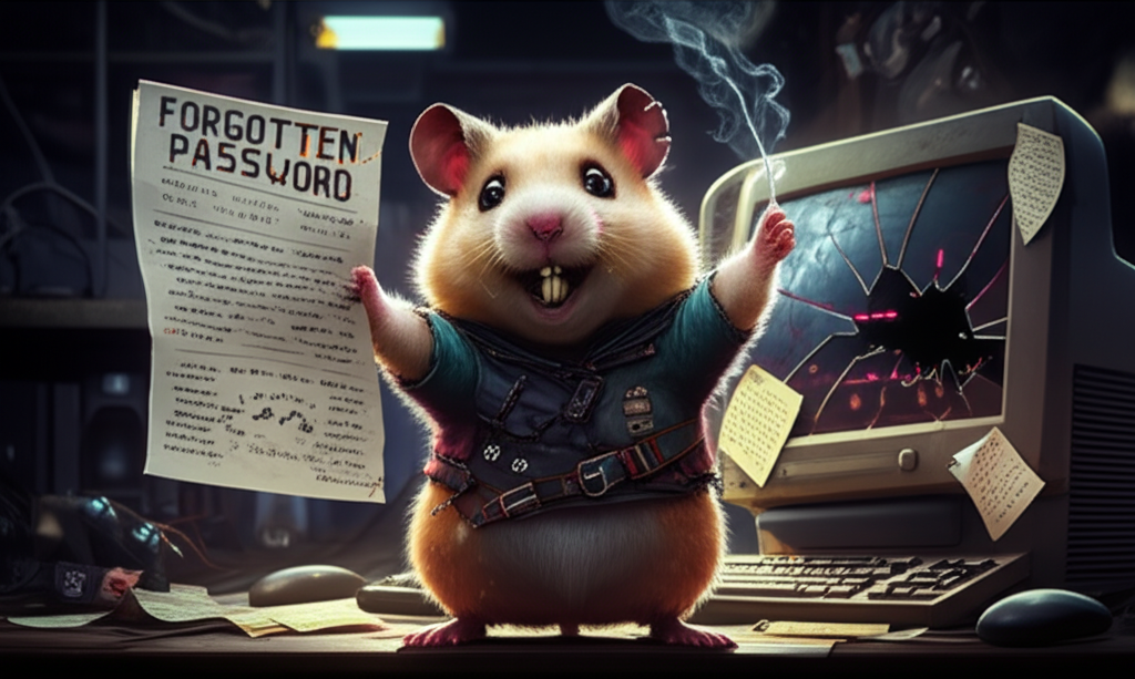 An enthusiastic burnt hamster in tattered clothes excitedly holding up a smoking newsletter with glitchy text, standing in front of a broken computer with forgotten password sticky notes everywhere