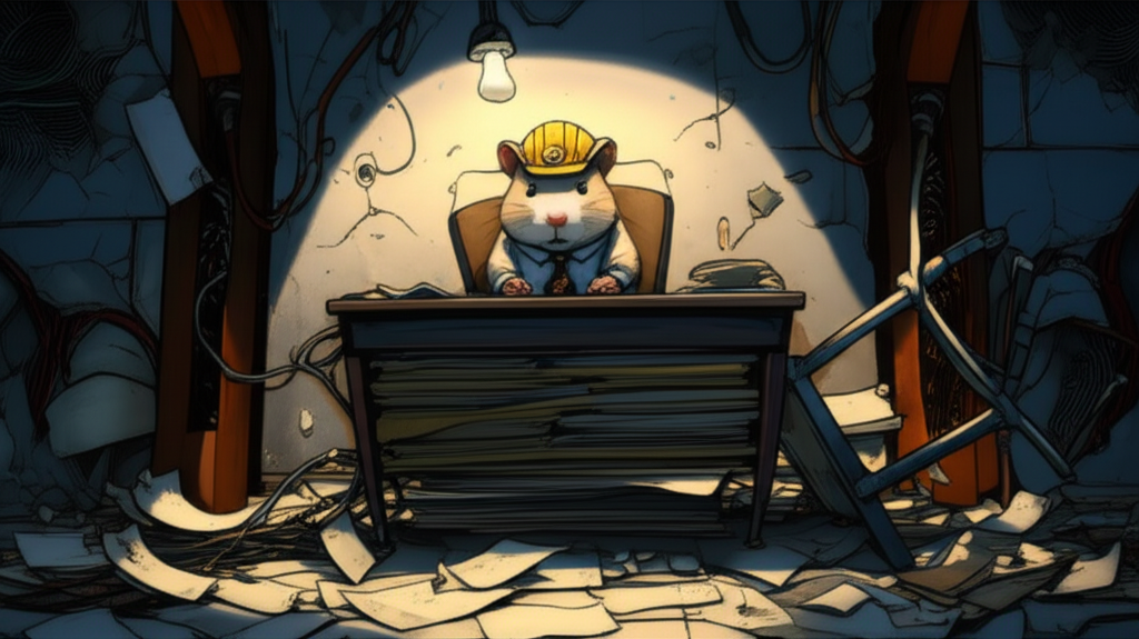 A hamster in hard hat and tie sitting at a desk held up by crypto whitepapers in a dilapidated office with exposed wiring and structural beams about to collapse