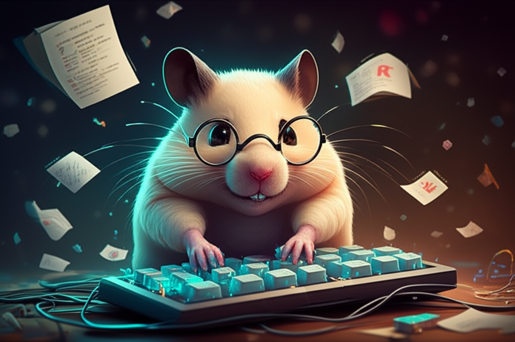 A burnt hamster frantically typing on a keyboard with papers flying everywhere
