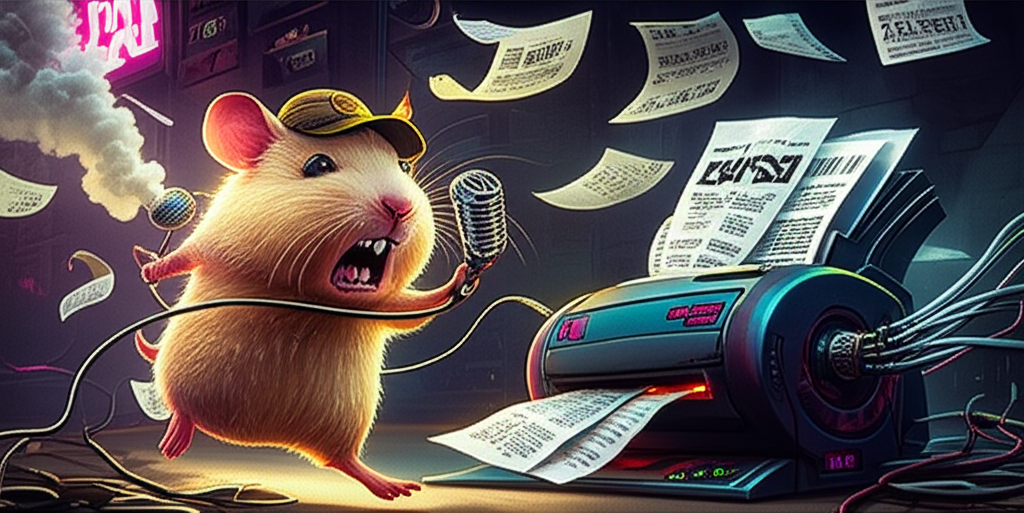 A hamster reporter in press hat running from a smoking printer shooting papers everywhere