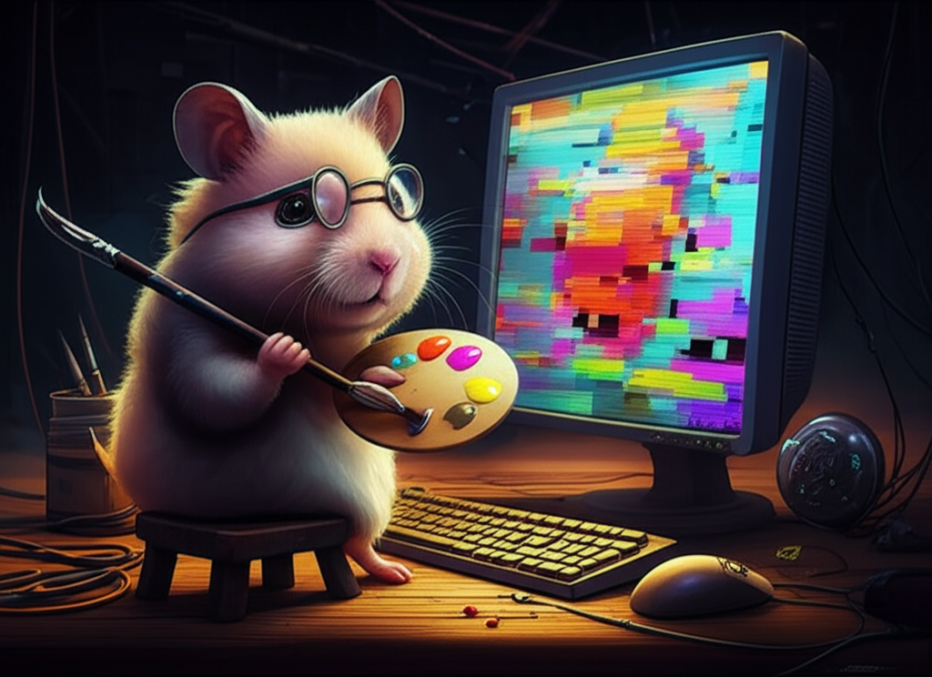 A confused hamster artist painting NFT art on a glitching computer screen